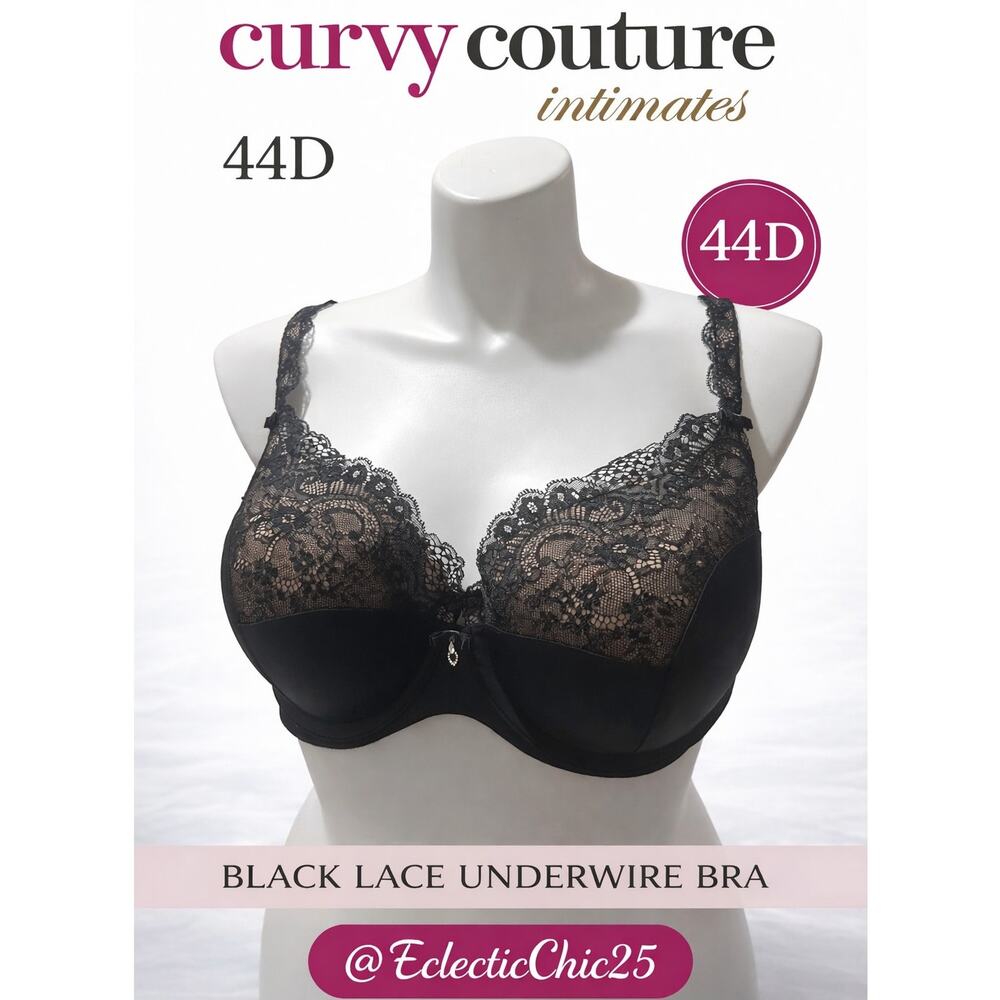 Curvy Couture Black Lace Underwire Bra 44D Full Coverage